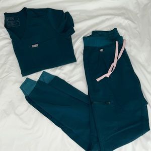 Figs Teal Scrub Set with Pink Drawstring